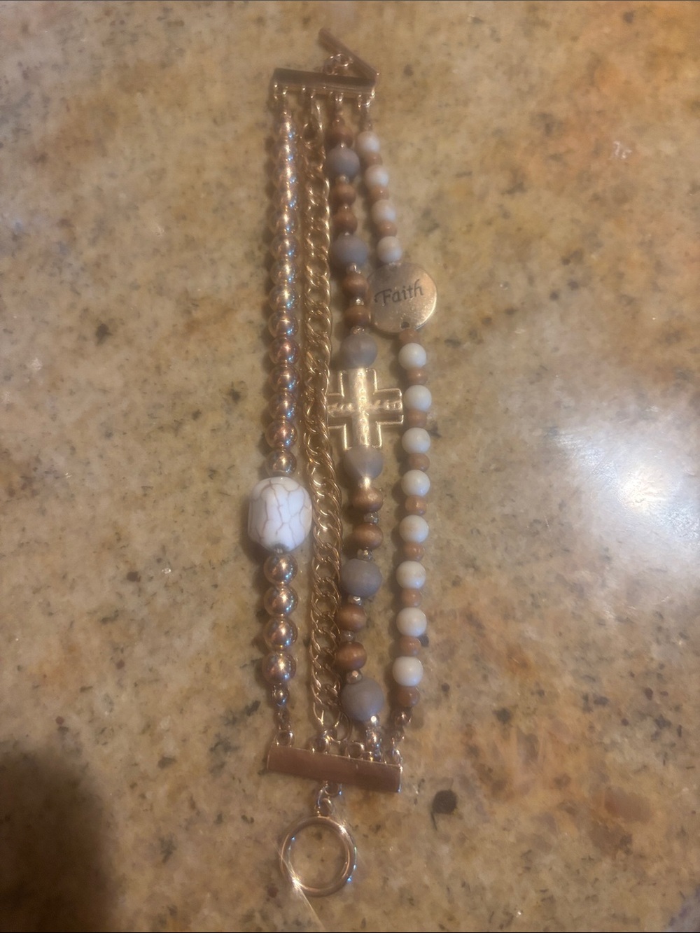 Beaded Faith Cross Multi-Strand Bracelet in Gold and Cream